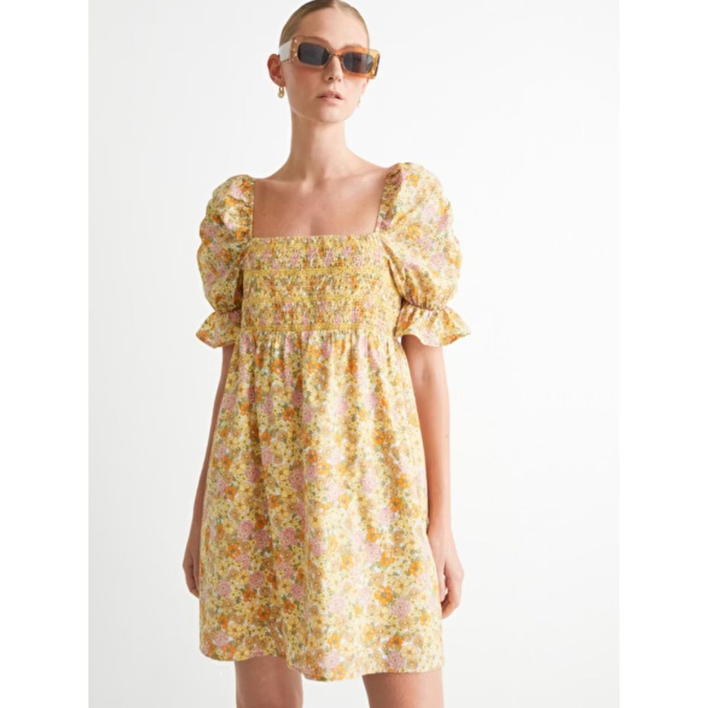 & Other Stories Yellow Floral Smocked Puff Sleeve Mini Dress Los Angeles 2